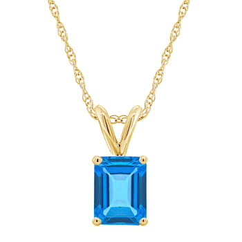 8x6mm Emerald Cut Blue Topaz 14k Yellow Gold Pendant With Chain