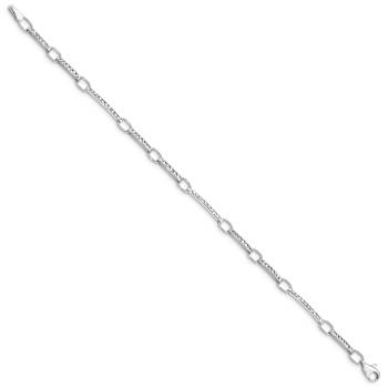 Rhodium Over 14k White Gold 4mm Polished and Textured Fancy Link Bracelet