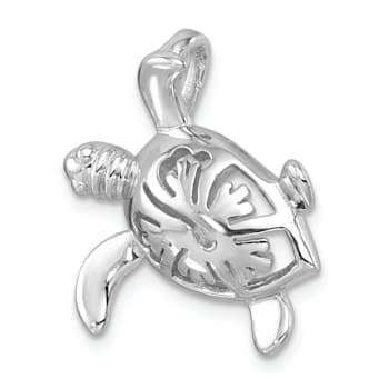 Rhodium Over Sterling Silver Polished Flower Back Turtle Chain Slide Pendant