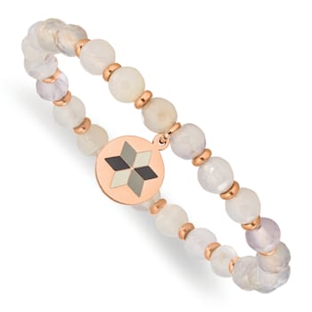 Rose Stainless Steel Polished Enamel Flower Jade Stretch Bracelet