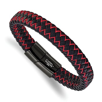 Stainless Steel Polished Black Ion Plated Black Leather and Red Fabric
8.25-inch Bracelet