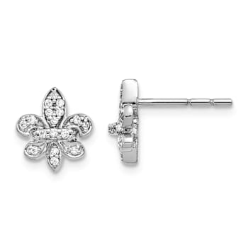 Rhodium Over 14k White Gold 10mm Fleur-De-Lis Stud Earrings with round Diamonds
