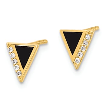 14k Yellow Gold Cubic Zirconia Black Epoxy Triangle Stud Earrings