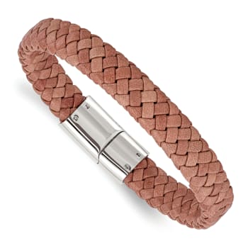Brown Woven Leather and Stainless Steel Polished 8.25-inch Bracelet