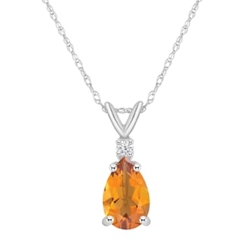 8x5mm Pear Shape Citrine with Diamond Accent 14k White Gold Pendant With Chain