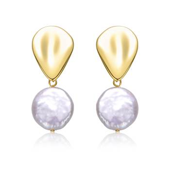 Coin Shape Freshwater Pearl Double Drop Earrings In 14K Gold Over
Sterling Silver