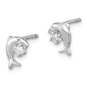 Rhodium Over Sterling Silver Cubic Zirconia Dolphin Post Earrings
