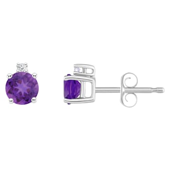 4mm Round Amethyst with Diamond Accents 14k White Gold Stud Earrings