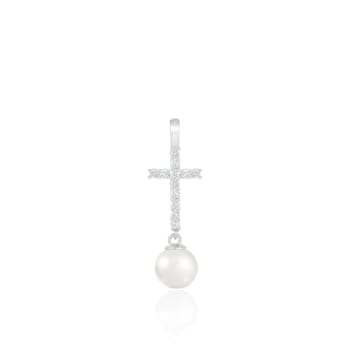 White Cultured Freshwater Pearl and Diamond 14K White Gold Pendant 7-7.5mm