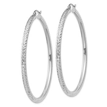 Rhodium Over 14k White Gold Diamond-Cut 2 3/16" Round Hoop Earrings