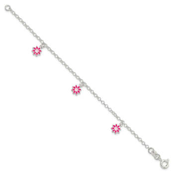 Sterling Silver Pink Enamel Flowers Children's Bracelet