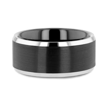 ASTON Black Brushed Center Tungsten Ring with Polished Beveled Edges 10mm
