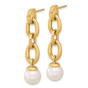 14K Yellow Gold Freshwater Cultured Pearl and Chain Post Dangle Earrings