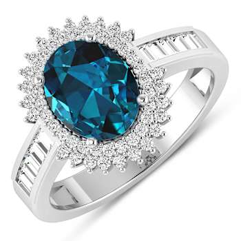 14K White Gold London Blue Topaz and White Diamond Oval Halo Ring 2.42ctw