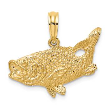 10K Yellow Gold 2D Textured Bass Fish with Tail Up Charm