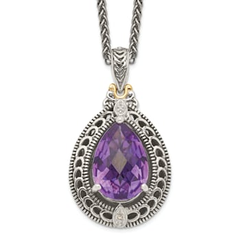 Sterling Silver Antiqued with 14K Accent Diamond and Amethyst Necklace