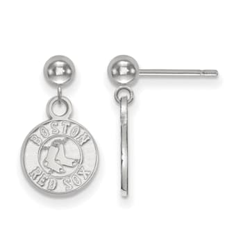 Rhodium Over Sterling Silver MLB LogoArt Boston Red Sox Dangle Post Earrings