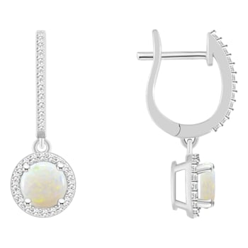 6mm Round Opal 1/3 ctw Diamond Rhodium Over Sterling Silver Halo Dangle Earrings