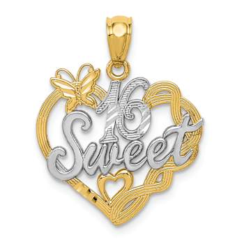 14K Two-tone Gold  Textured and Diamond-Cut Sweet 16 in Heart Pendant