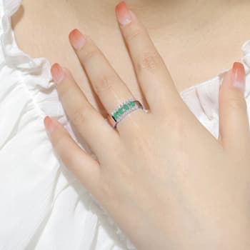 Oval Emerald and Round Moissanite Sterling Silver Wide Band Ring