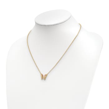 14K Yellow Gold Polished Diamond-cut with Pink Enamel Butterfly Necklace