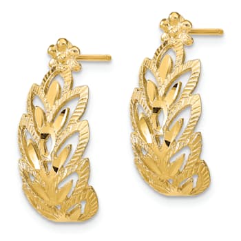 14K Yellow Gold Textured and Diamond-Cut Leaf Pattern Dangle Earrings