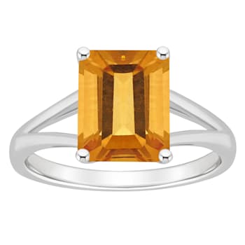 10x8mm Emerald Cut Citrine Rhodium Over Sterling Silver Ring
