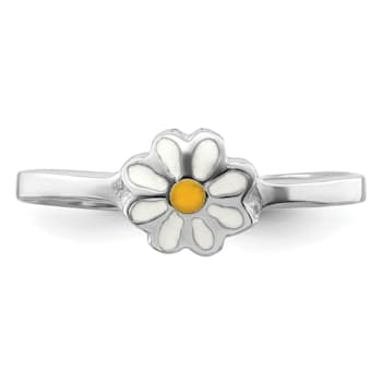 Rhodium Over Sterling Silver White and Yellow Enameled Daisy Children's Ring
