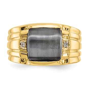 10K Yellow Gold Gray Onyx Cats Eye and 0.01ct Diamond Men's Ring