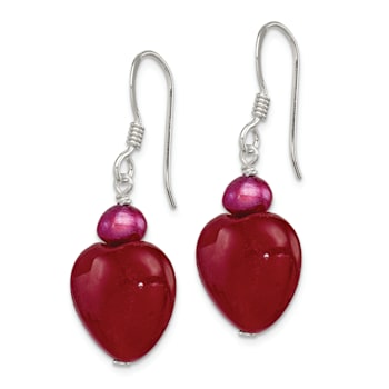 Sterling Silver Polished Red Freshwater Pearl and Red Jadeite Heart
Dangle Earrings
