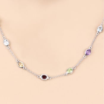 Multi Gemstone Rhodium Over Sterling Silver Station Necklace