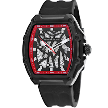 Christian Van Sant Men's Odyssey Black Dial, Red Bezel, Black Rubber
Strap Watch