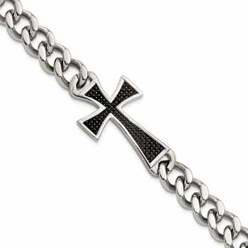 Stainless Steel Polished Black Carbon Fiber Inlay Cross Bracelet