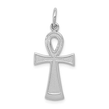 Rhodium Over 14k White Gold Brushed and Textured Ankh Cross Pendant