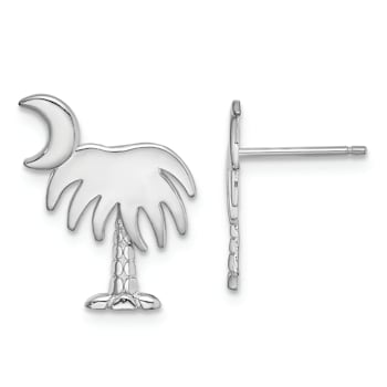 Rhodium over 14k White Gold White Charleston Palm Tree with Moon Stud Earrings