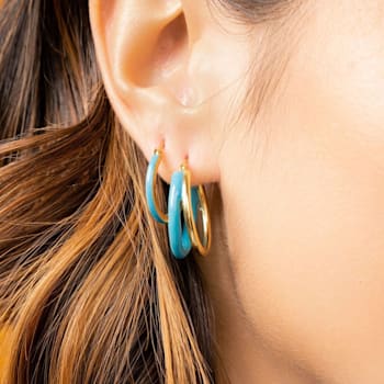 14K Yellow Gold Over Sterling Silver Double Hoop Enamel Earrings in
Turquoise Color