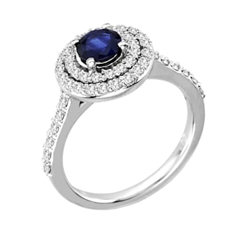 Sapphire and Diamond 14k White Gold Double Halo Engagement Ring 1.25ctw