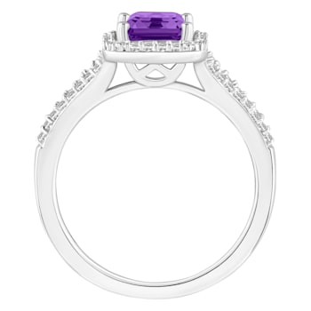 8x6mm Emerald Cut Amethyst 1/4 ctw Diamond Rhodium Over Sterling Silver
Halo Ring