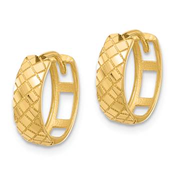 14k Yellow Gold Polished and Laser Design Textured 1/2" Hinged Hoop Earrings
