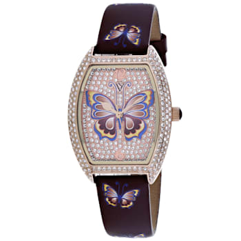 Christian Van Sant Women's Papillon Rose Dial, Black Leather Strap Watch