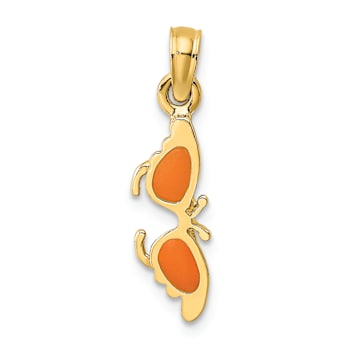 14k Yellow Gold 3D Orange Enameled Butterfly Sunglasses Pendant