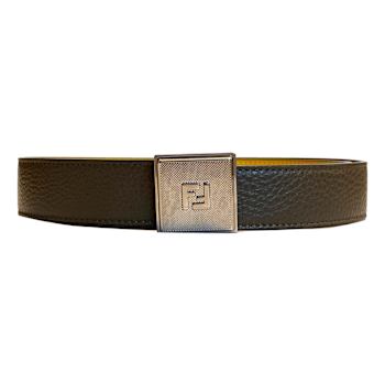 Fendi Mens Yellow Brown Reversible Grained Leather Belt 95