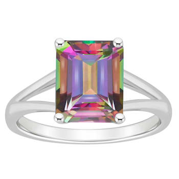 10x8mm Emerald Cut Mystic Topaz Rhodium Over Sterling Silver Ring