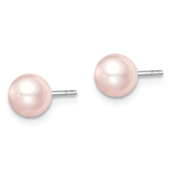Rhodium Over Sterling Silver 5-6mm Pink Round FWC Pearl Stud Earrings