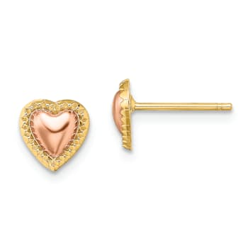 14K Yellow Gold and 14K Rose Gold 7mm Beaded Heart Stud Earrings