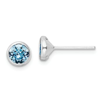 Rhodium Over Sterling Silver Polished Blue Crystal Bezel Stud Earrings