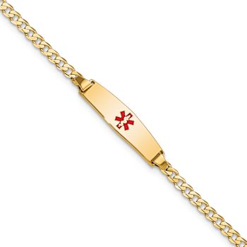 14k Yellow Gold Medical Soft Diamond Shape Red Enamel Curb Link ID Bracelet