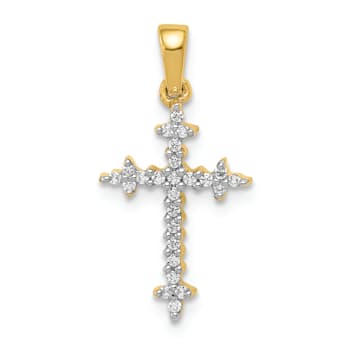14K Yellow Gold and Rhodium 1/10ct. Diamond Fleur de Lis Cross Pendant