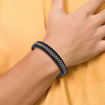 Black Leather and Stainless Steel Antiqued and Brushed 8.25-inch with
0.5-inch Extension Bracelet