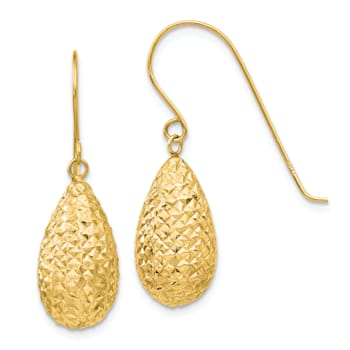 14K Yellow Gold Textured Puffed Teardrop Dangle Earrings
